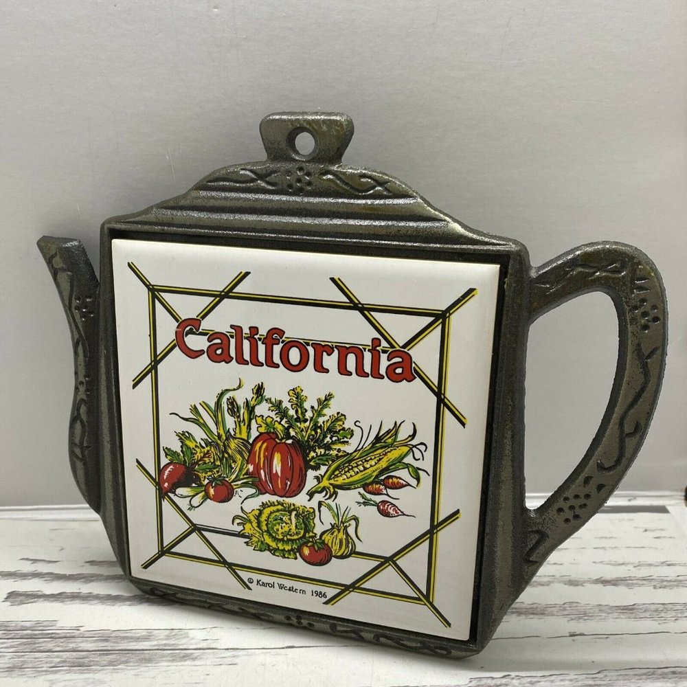 Vintage Tile Trivet Cast Iron Tea Pot California